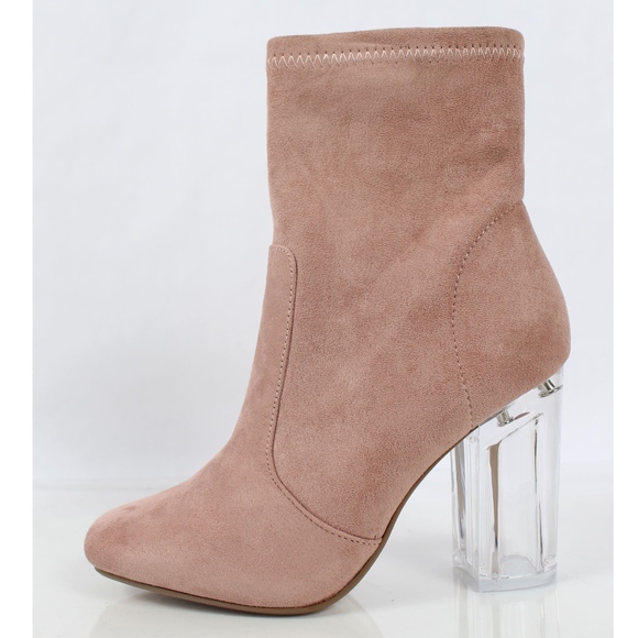 Shoes - Mauve Faux Suede Clear Block Heel Bootie